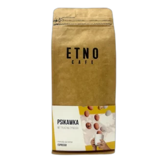 Opakowanie kawy Etno Cafe Kawa Wielkiej Mocy 250 g z brązowego papieru z jasnoniebieską etykietą i świątecznym motywem, dostępne w sklepie z kawą